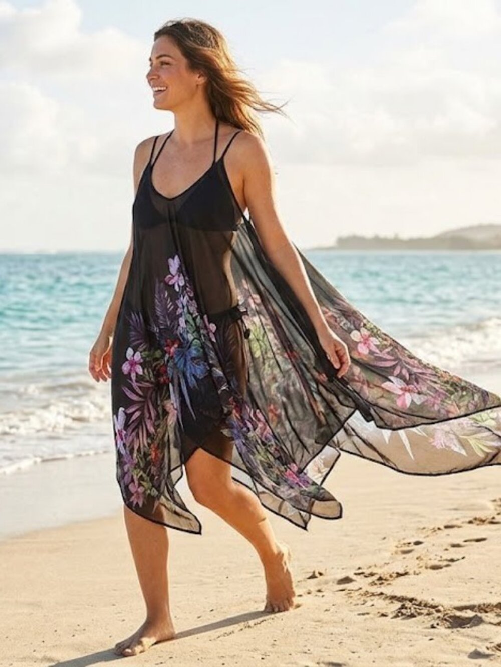 La Vie en Rose Feminine Black Floral Handkerchief Hem Cover Up
